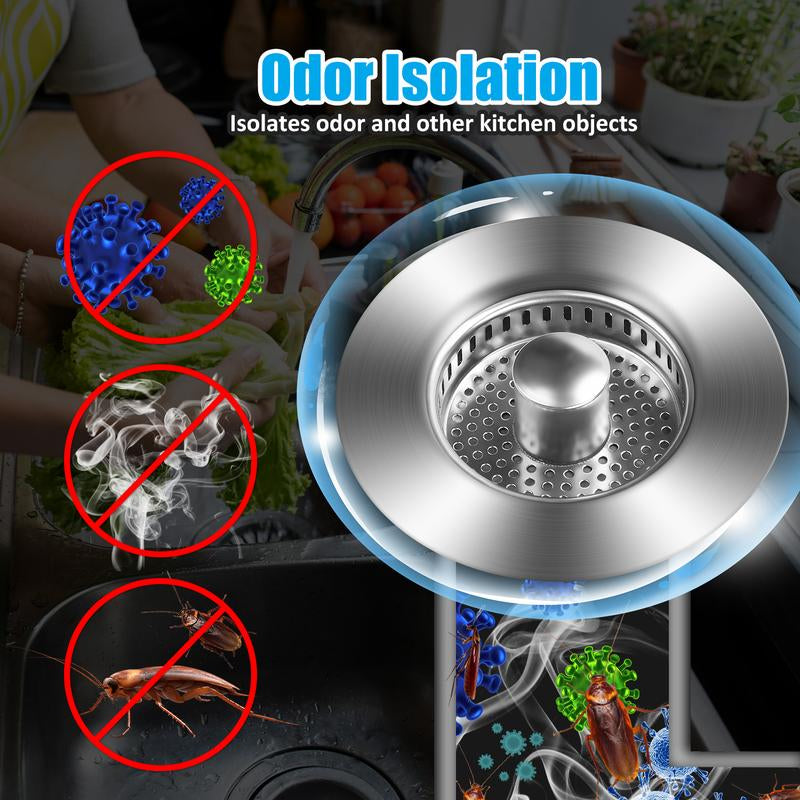 3 in 1 Kitchen Sink Drain Strainer, 304 Stainless Steel Sink Plug with Anti-Clog Basket, Pop up Sink Stopper for US Standard 3-1/2 Inch Drain