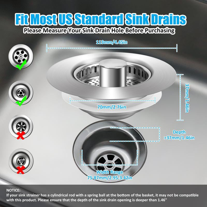 3 in 1 Kitchen Sink Drain Strainer, 304 Stainless Steel Sink Plug with Anti-Clog Basket, Pop up Sink Stopper for US Standard 3-1/2 Inch Drain