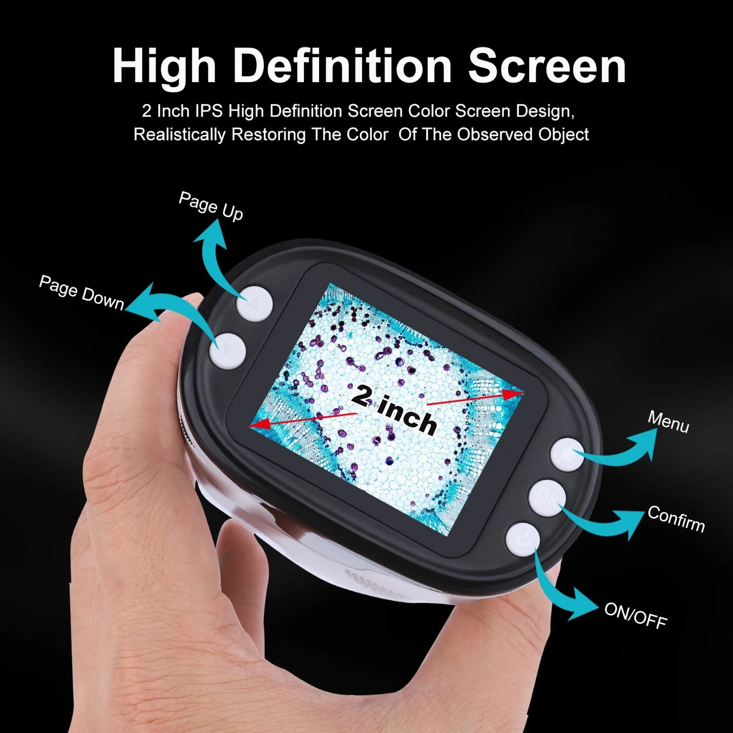 Microscope for Kids 200X-1000X Adults Pocket Microscope 2 Inch Screen Digital Handheld Microscope Toy for Child W/Led Lights 6 Prepared Slides, White