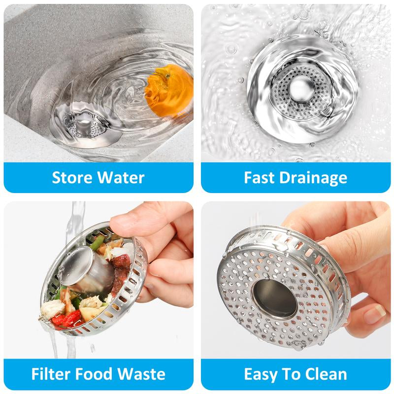 3 in 1 Kitchen Sink Drain Strainer, 304 Stainless Steel Sink Plug with Anti-Clog Basket, Pop up Sink Stopper for US Standard 3-1/2 Inch Drain