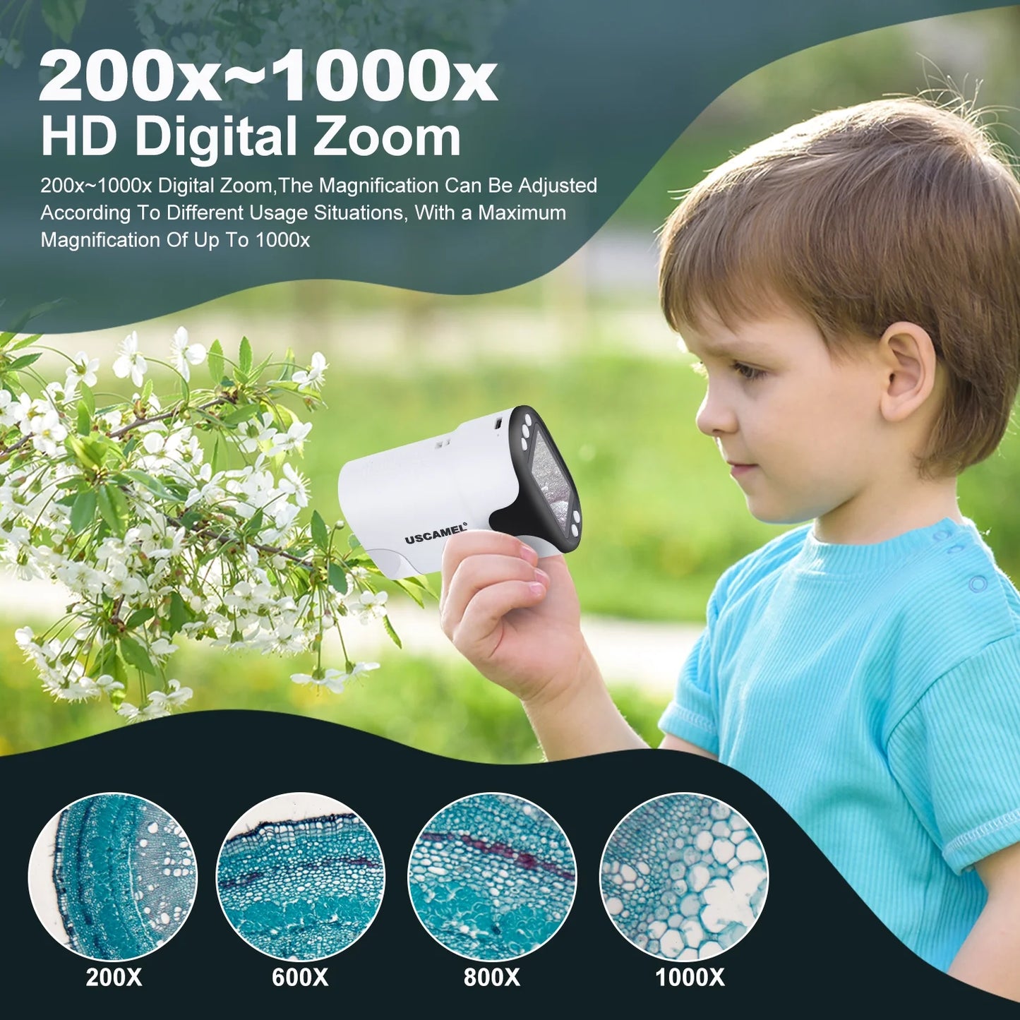 Microscope for Kids 200X-1000X Adults Pocket Microscope 2 Inch Screen Digital Handheld Microscope Toy for Child W/Led Lights 6 Prepared Slides, White