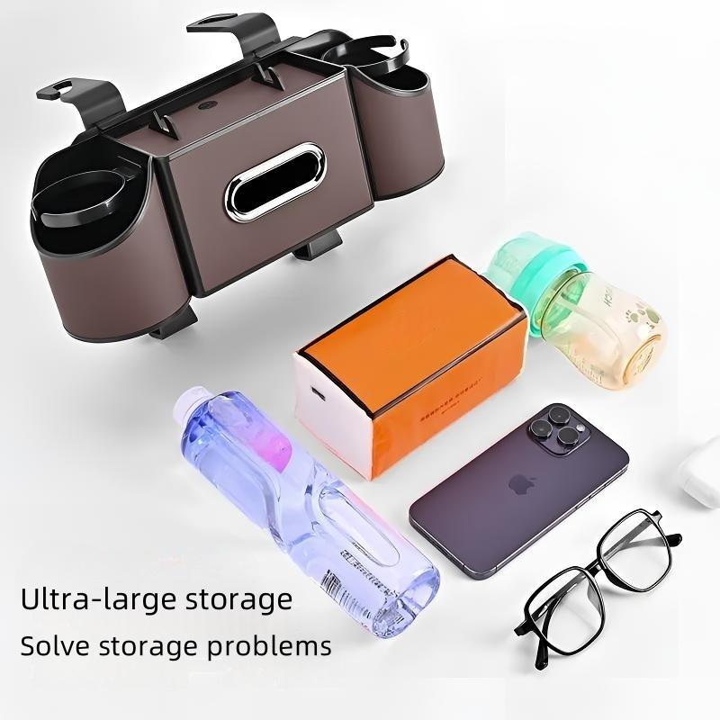 Car Organizers and Storage Box, Multifunctional Car Seat Back Storage Box with Tissue Holder, 2 Cup Holders & Bags Hooks, Back Seat Car Organizer for Family and Travel