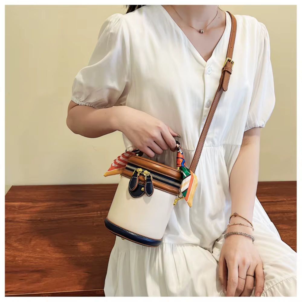 Exquisite PU Leather Bucket Bag Women New Cylinder Portable Hand Bag Large Capacity Shoulder Crossbody Bag for Travel Shopping