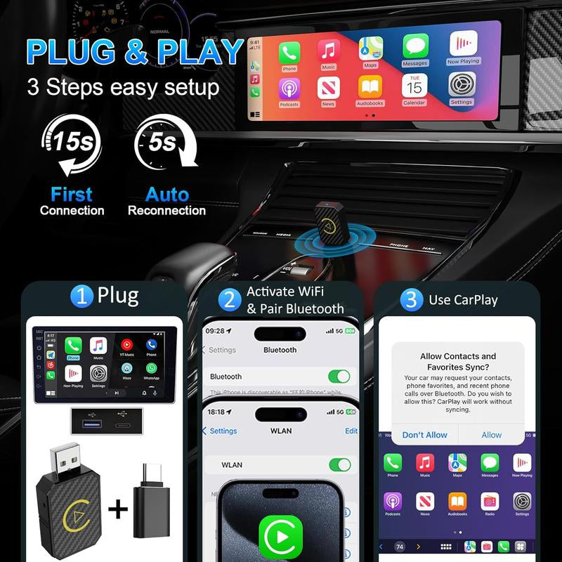 【Yurnlv】 Wireless Apple Carplay Adapter for Factory Wired Cars from 2016 Onwards - 2-In-1 Wireless Carplay & Android Auto Adapter Easier Connectivity Compatibility Stable, Faster, Automotive