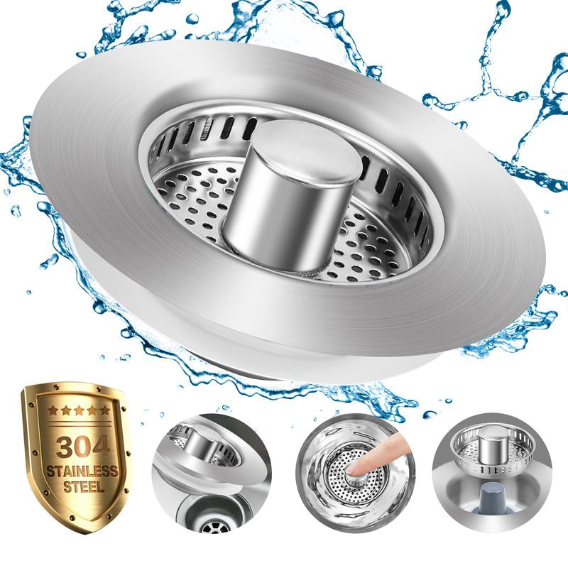 3 in 1 Kitchen Sink Drain Strainer, 304 Stainless Steel Sink Plug with Anti-Clog Basket, Pop up Sink Stopper for US Standard 3-1/2 Inch Drain