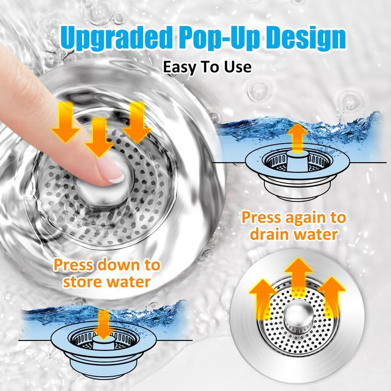 3 in 1 Kitchen Sink Drain Strainer, 304 Stainless Steel Sink Plug with Anti-Clog Basket, Pop up Sink Stopper for US Standard 3-1/2 Inch Drain