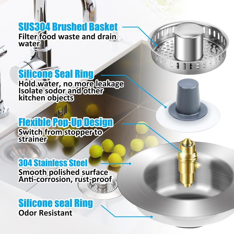 3 in 1 Kitchen Sink Drain Strainer, 304 Stainless Steel Sink Plug with Anti-Clog Basket, Pop up Sink Stopper for US Standard 3-1/2 Inch Drain
