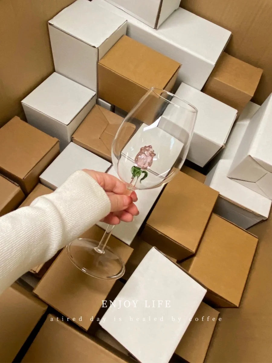 Pink Three-Dimensional Rose Red Wine Glass Art Wine Glass Wine Cup Liqueur Glass Couple Wedding Glass Cup Home Goblet
