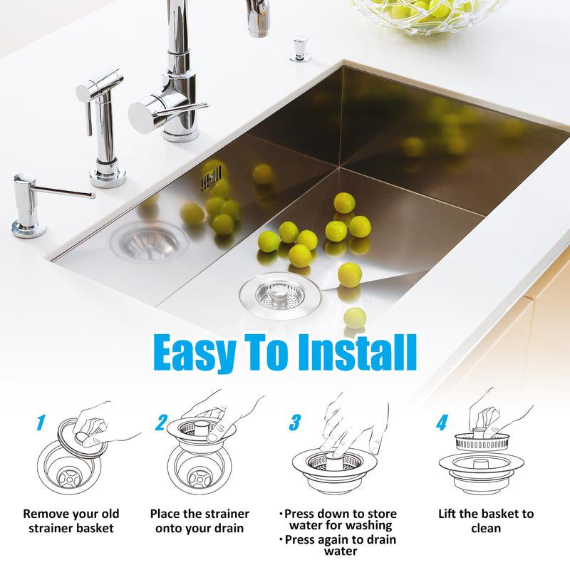 3 in 1 Kitchen Sink Drain Strainer, 304 Stainless Steel Sink Plug with Anti-Clog Basket, Pop up Sink Stopper for US Standard 3-1/2 Inch Drain