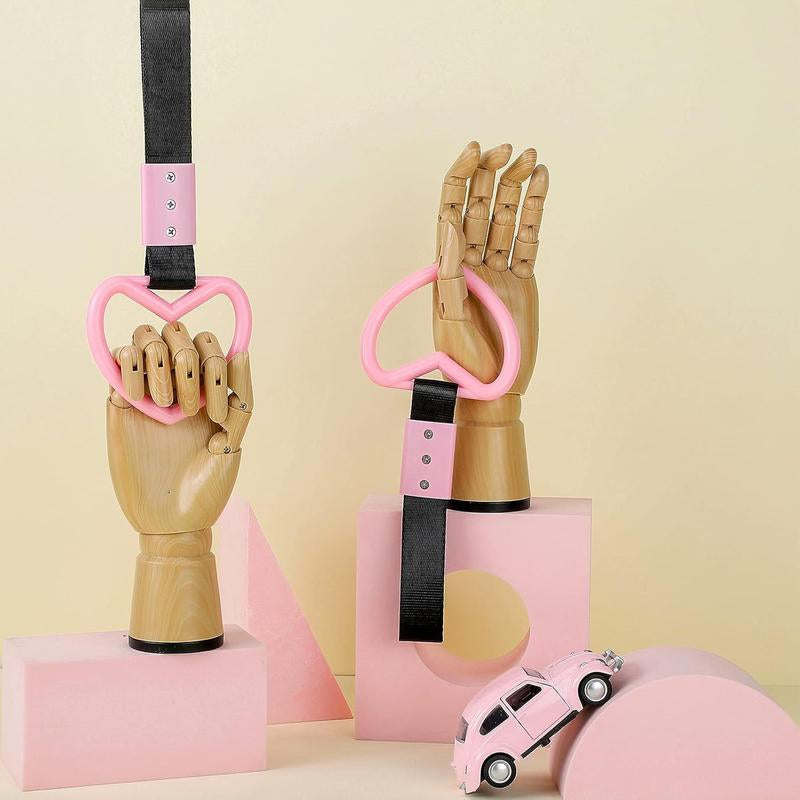 2 Pieces Heart Shaped Car Handle Straps Drift Charm Rear Bumper Warning Ring Decor Subway Bus Broken for Interior(Light Pink)