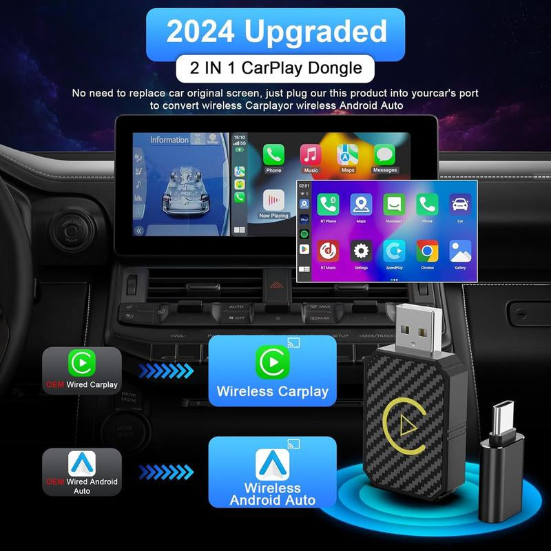 【Yurnlv】 Wireless Apple Carplay Adapter for Factory Wired Cars from 2016 Onwards - 2-In-1 Wireless Carplay & Android Auto Adapter Easier Connectivity Compatibility Stable, Faster, Automotive