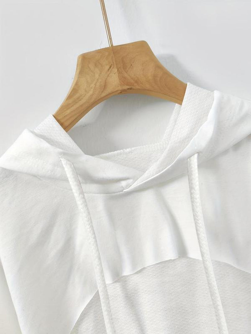 Women'S Solid Color Asymmetrical Hem Crop Hoodie, Casual Drawstring Drop Shoulder Long Sleeve Cropped Hooded Sweatshirt for Fall, Women'S Clothing for Daily Wear, Hoodies for Women, Going Out Tops, Womenswear, Hoodies Girls