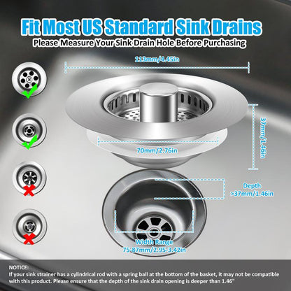 3 in 1 Kitchen Sink Drain Strainer, 304 Stainless Steel Sink Plug with Anti-Clog Basket, Pop up Sink Stopper for US Standard 3-1/2 Inch Drain
