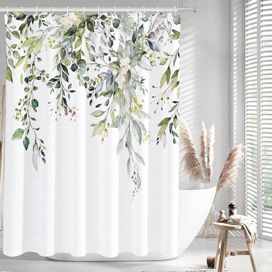 Sage Green Eucalyptus Shower Curtain, Watercolor Leaves on the Top Plant with Floral Bathroom Decoration Shower Curtain Sets 72X72 Inch with Hooks