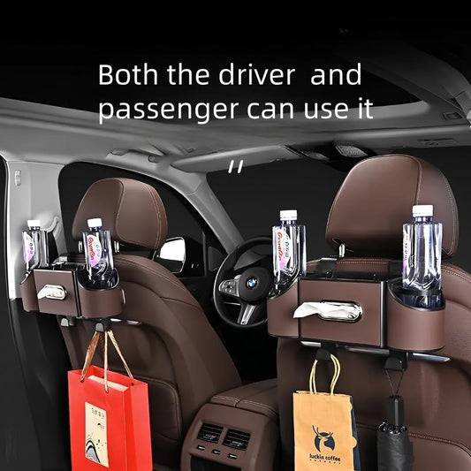 Car Organizers and Storage Box, Multifunctional Car Seat Back Storage Box with Tissue Holder, 2 Cup Holders & Bags Hooks, Back Seat Car Organizer for Family and Travel