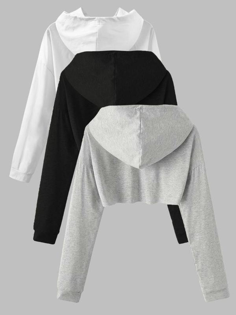 Women'S Solid Color Asymmetrical Hem Crop Hoodie, Casual Drawstring Drop Shoulder Long Sleeve Cropped Hooded Sweatshirt for Fall, Women'S Clothing for Daily Wear, Hoodies for Women, Going Out Tops, Womenswear, Hoodies Girls