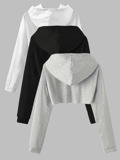 Women'S Solid Color Asymmetrical Hem Crop Hoodie, Casual Drawstring Drop Shoulder Long Sleeve Cropped Hooded Sweatshirt for Fall, Women'S Clothing for Daily Wear, Hoodies for Women, Going Out Tops, Womenswear, Hoodies Girls