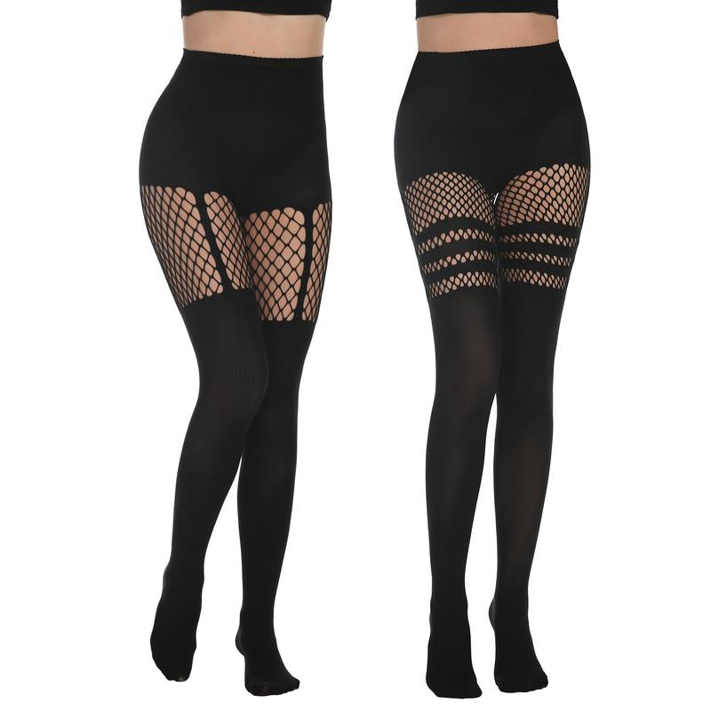 Mock Thigh High Stockings for Women Sexy Fishnet Tights Suspender Pantyhose 2 Pairs Leg Matching Tights