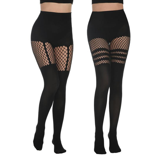 Mock Thigh High Stockings for Women Sexy Fishnet Tights Suspender Pantyhose 2 Pairs Leg Matching Tights