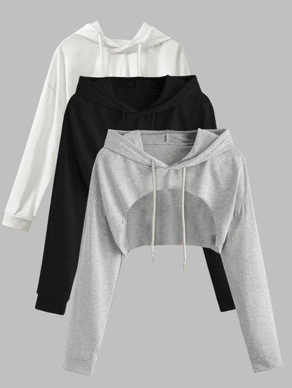 Women'S Solid Color Asymmetrical Hem Crop Hoodie, Casual Drawstring Drop Shoulder Long Sleeve Cropped Hooded Sweatshirt for Fall, Women'S Clothing for Daily Wear, Hoodies for Women, Going Out Tops, Womenswear, Hoodies Girls