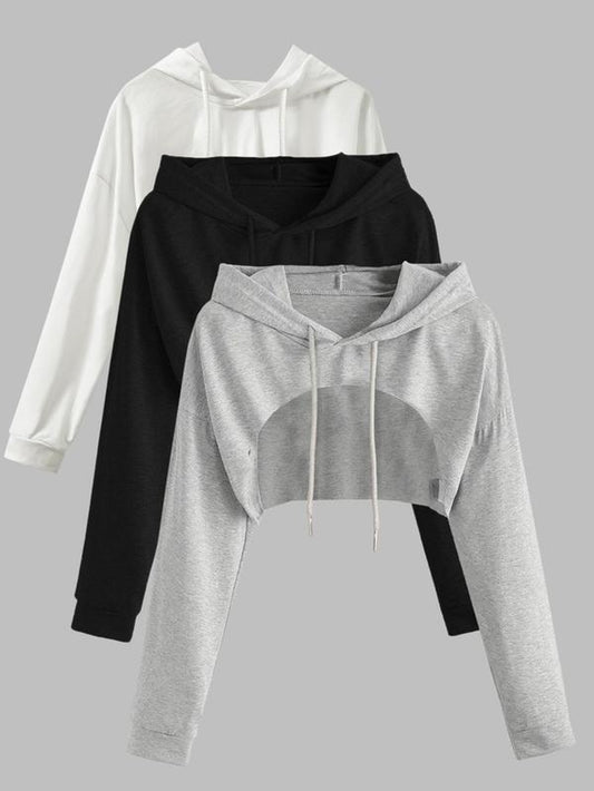 Women'S Solid Color Asymmetrical Hem Crop Hoodie, Casual Drawstring Drop Shoulder Long Sleeve Cropped Hooded Sweatshirt for Fall, Women'S Clothing for Daily Wear, Hoodies for Women, Going Out Tops, Womenswear, Hoodies Girls