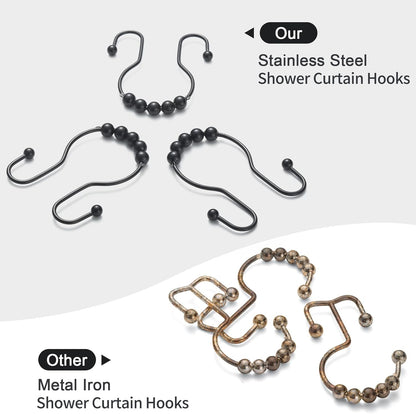 Shower Curtain Hooks, 12 Pcs Shower Curtain Rings, Stainless Steel Black Shower Curtain Hooks, Shower Curtain Rings Rust Proof, Smooth Sliding Anti-Drop Double Shower Rings for Curtain (Black)