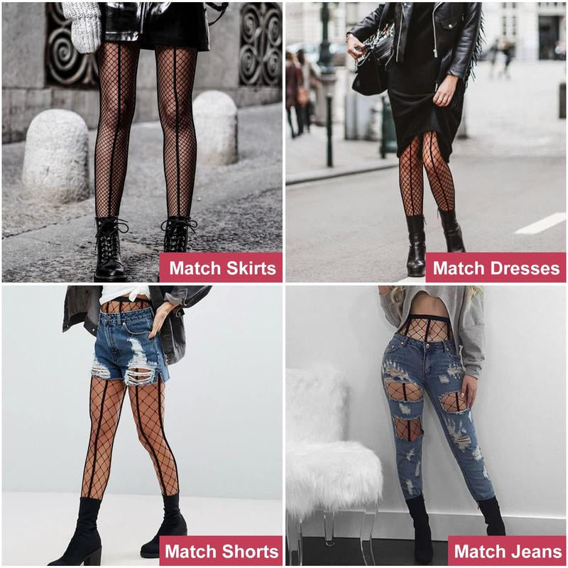 Mock Thigh High Stockings for Women Sexy Fishnet Tights Suspender Pantyhose 2 Pairs Leg Matching Tights