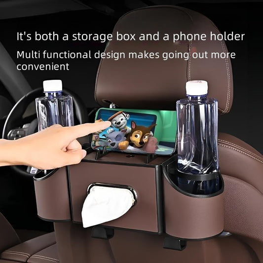 Car Organizers and Storage Box, Multifunctional Car Seat Back Storage Box with Tissue Holder, 2 Cup Holders & Bags Hooks, Back Seat Car Organizer for Family and Travel