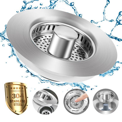 3 in 1 Kitchen Sink Drain Strainer, 304 Stainless Steel Sink Plug with Anti-Clog Basket, Pop up Sink Stopper for US Standard 3-1/2 Inch Drain