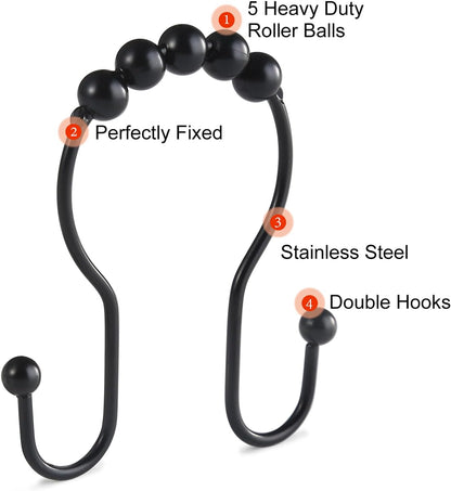 Shower Curtain Hooks, 12 Pcs Shower Curtain Rings, Stainless Steel Black Shower Curtain Hooks, Shower Curtain Rings Rust Proof, Smooth Sliding Anti-Drop Double Shower Rings for Curtain (Black)