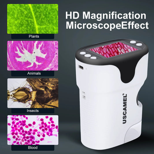 Microscope for Kids 200X-1000X Adults Pocket Microscope 2 Inch Screen Digital Handheld Microscope Toy for Child W/Led Lights 6 Prepared Slides, White