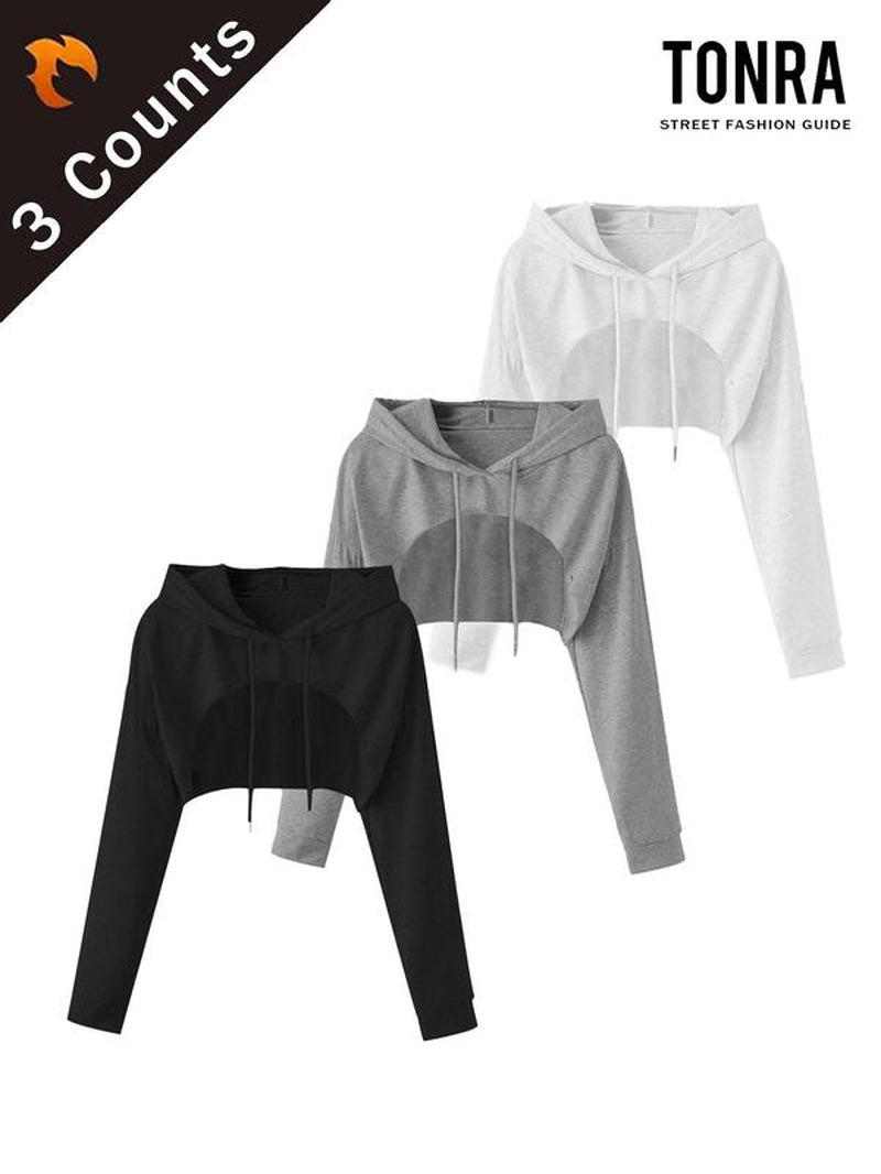 Women'S Solid Color Asymmetrical Hem Crop Hoodie, Casual Drawstring Drop Shoulder Long Sleeve Cropped Hooded Sweatshirt for Fall, Women'S Clothing for Daily Wear, Hoodies for Women, Going Out Tops, Womenswear, Hoodies Girls