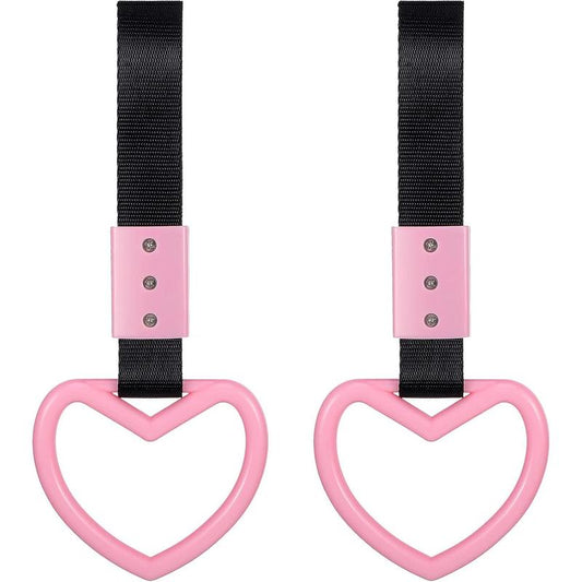 2 Pieces Heart Shaped Car Handle Straps Drift Charm Rear Bumper Warning Ring Decor Subway Bus Broken for Interior(Light Pink)