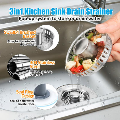 3 in 1 Kitchen Sink Drain Strainer, 304 Stainless Steel Sink Plug with Anti-Clog Basket, Pop up Sink Stopper for US Standard 3-1/2 Inch Drain