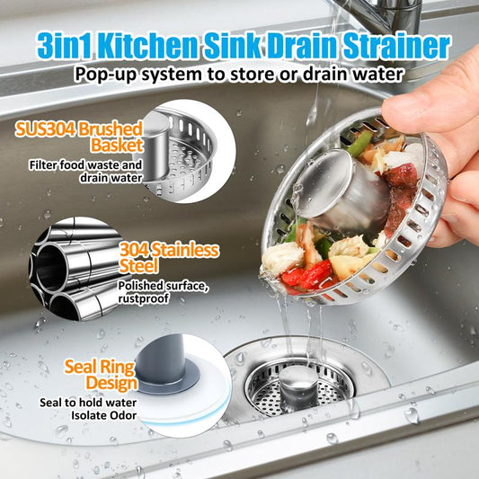 3 in 1 Kitchen Sink Drain Strainer, 304 Stainless Steel Sink Plug with Anti-Clog Basket, Pop up Sink Stopper for US Standard 3-1/2 Inch Drain