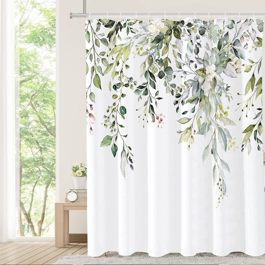 Sage Green Eucalyptus Shower Curtain, Watercolor Leaves on the Top Plant with Floral Bathroom Decoration Shower Curtain Sets 72X72 Inch with Hooks